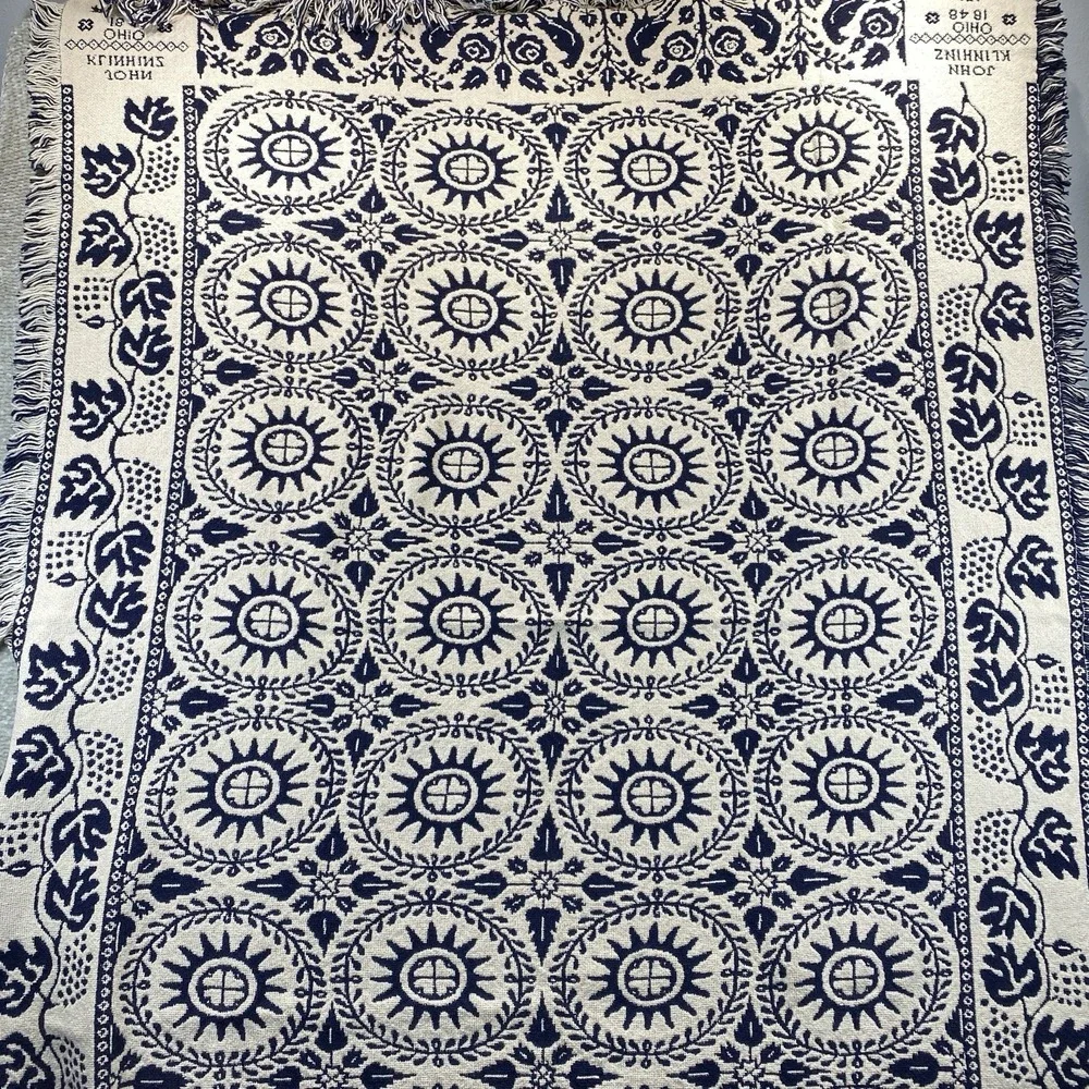 Repro John Klinhinz Ohio 1848 Reversible Cotton Throw Dark Navy/Cream 48